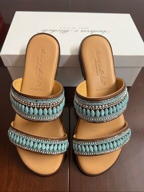 🌞 Andrea E. Michele Turquoise Beaded Slide Sandals Made in Italy women size 7.5